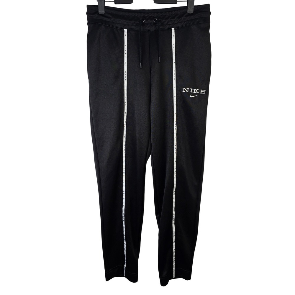 Nike Women's Small Black Track Pants Spell Out Logo White Stripe Joggers‎